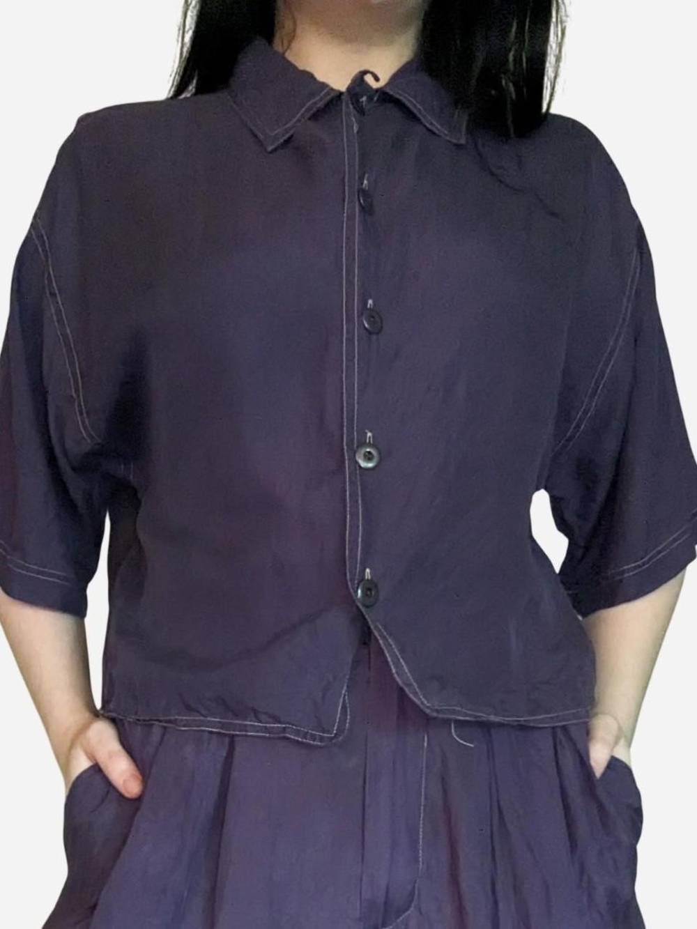 80s vintage purple two piece set – collared top & wide leg shorts